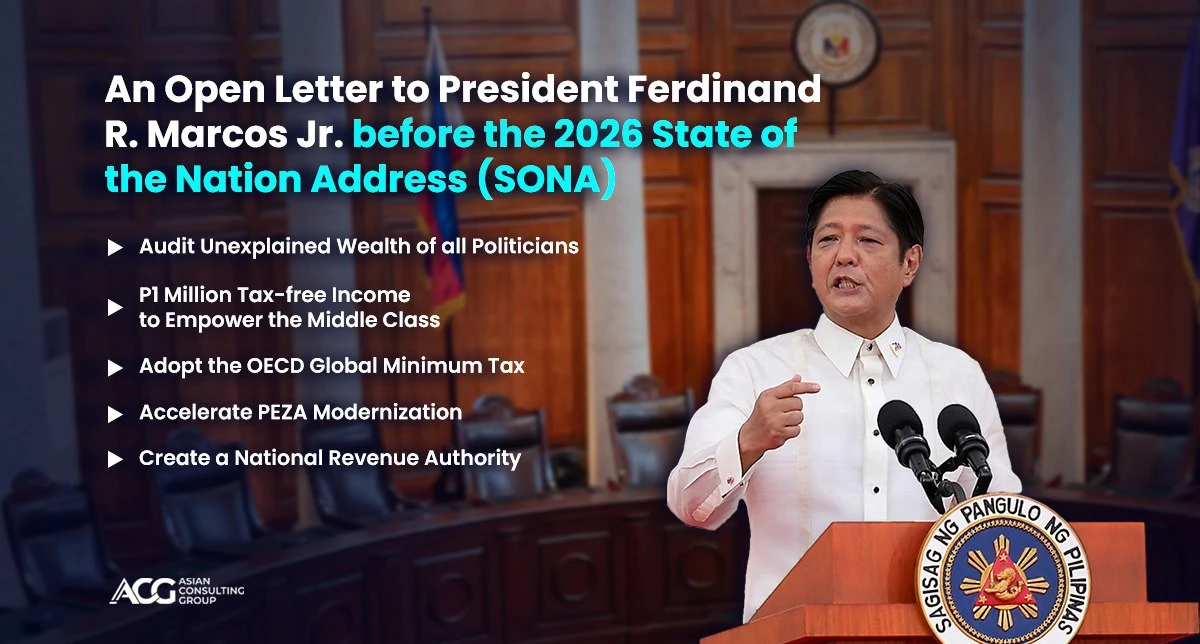 Five structural reforms for the 2026 SONA: audit unexplained wealth, ₱1 million tax-free income, adopt the OECD Global Minimum Tax, accelerate PEZA modernization, and create a National Revenue Authority